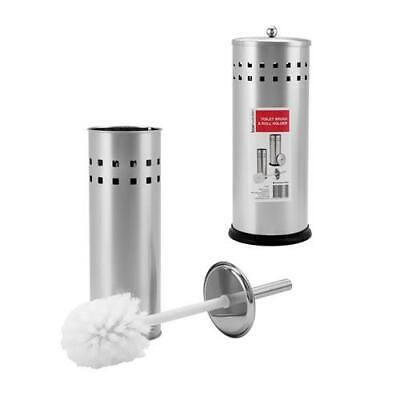 Toilet Brush & Roll Holder Set Stainless Steel Bathroom Cleaning 3pc Set Silver