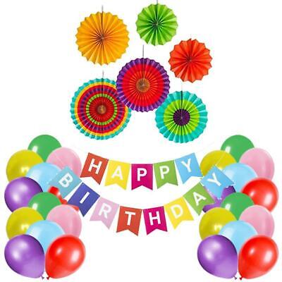 Rainbow Happy Birthday Decorations Set Balloons Multicolour Hanging Paper Fans