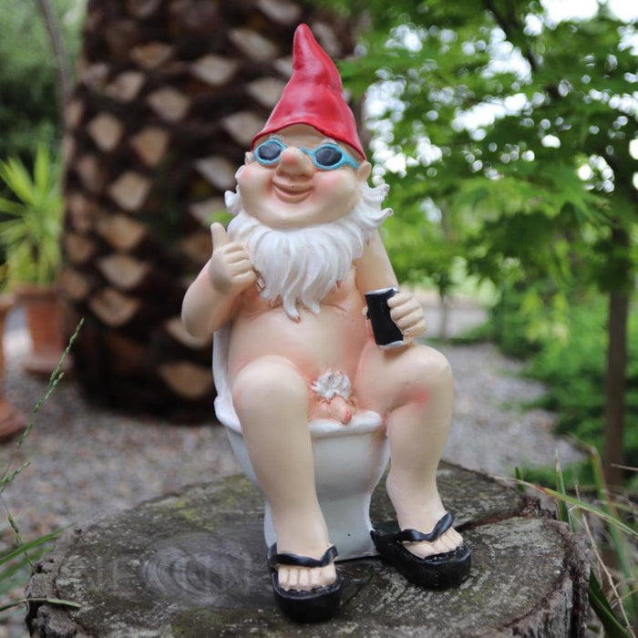 Garden Gnome Naked Nude Gnomes on Toilet Drinking Naughty Garden Ornament 25cm