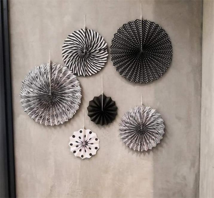 Black White Paper Fans Party Decorations 6pcs Set Birthday Wedding Hanging Decor