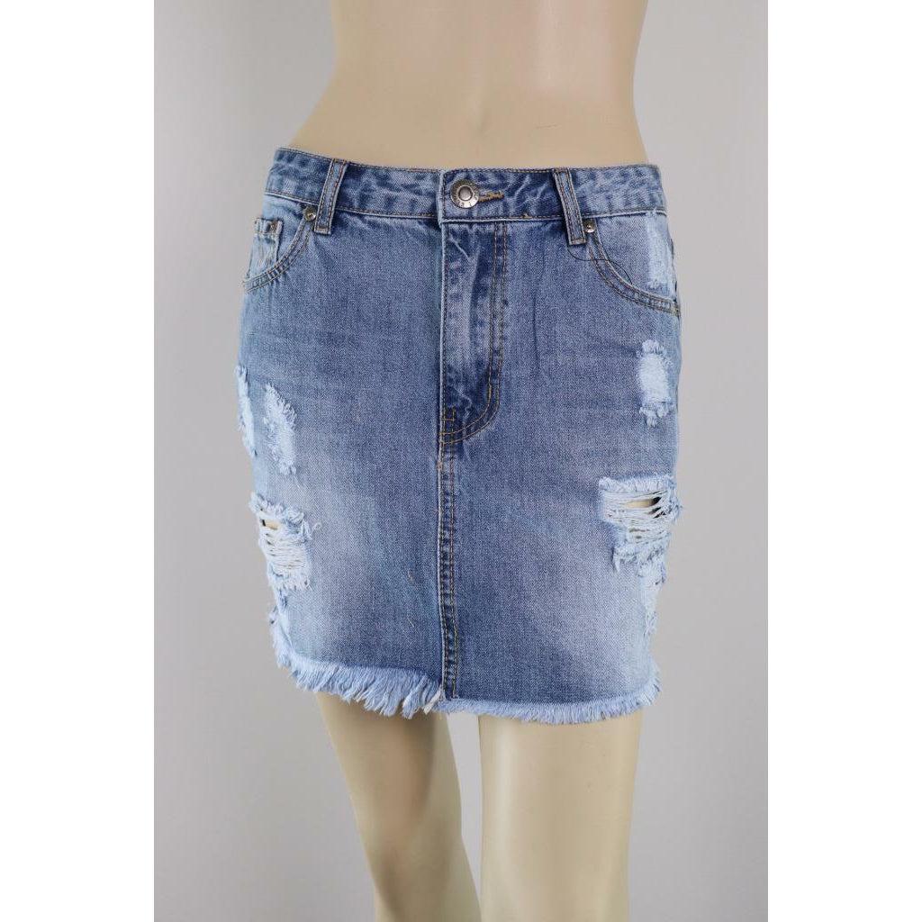 Wakee Short Denim Skirt Blue Jeans Ripped Pencil Mini Stretchy Casual Beach