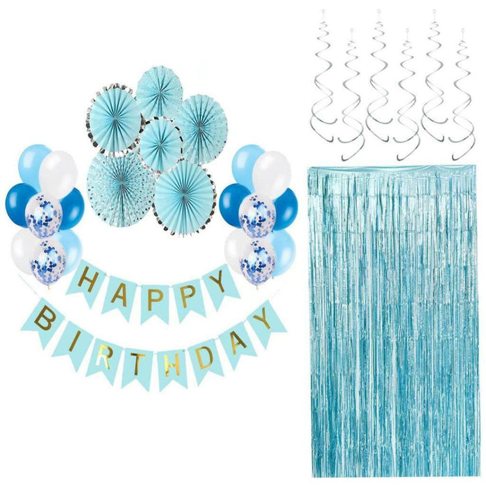 Blue Birthday Decorations Set Happy Birthday Banner Confetti Balloons Paper fans