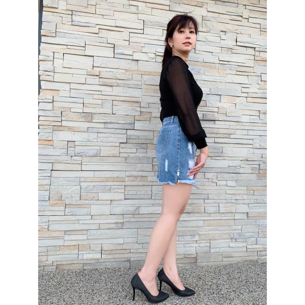 Wakee Short Denim Skirt Blue Jeans Ripped Pencil Mini Stretchy Casual Beach