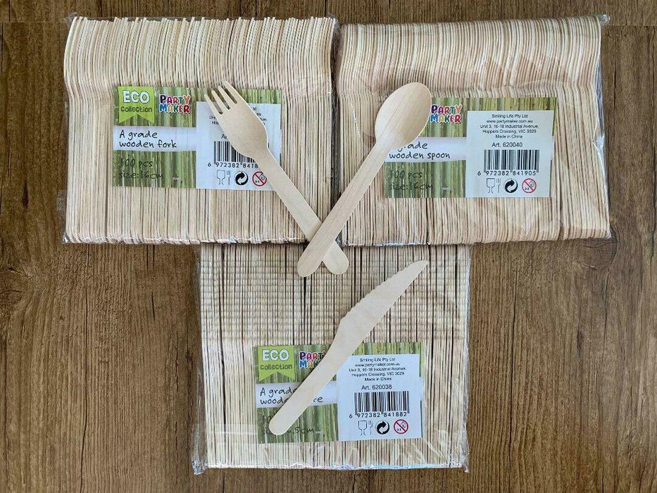 Wooden Cutlery Set Disposable Bamboo Wood Bulk Buy Forks Spoons Knives Party Eco