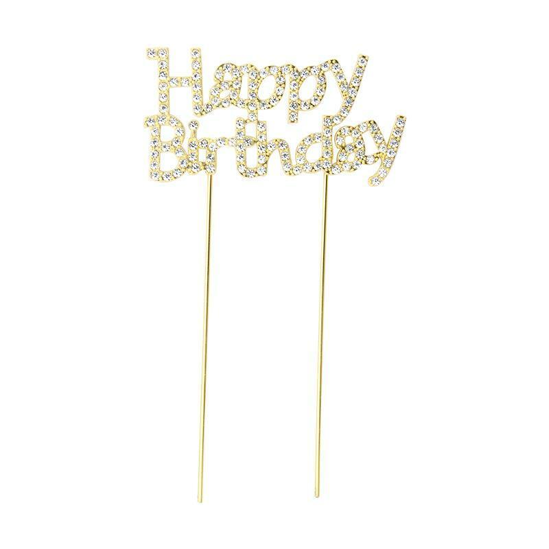 Happy Birthday Cake Topper Party Decorations Silver & Gold Rhinestones Glitter