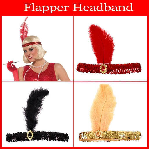 1920s Flapper Headband Sequin 20s Dance Showgirl Gatsby Lady Feather Headpiece