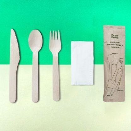 Disposable Wooden Cutlery & Napkin Set Bamboo Wood Fork Spoon Knife Bulk Buy