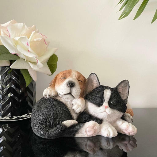 Cute Sleeping Cat & Dog Snuggling Besties Figurine Home Decor Ornament Statue