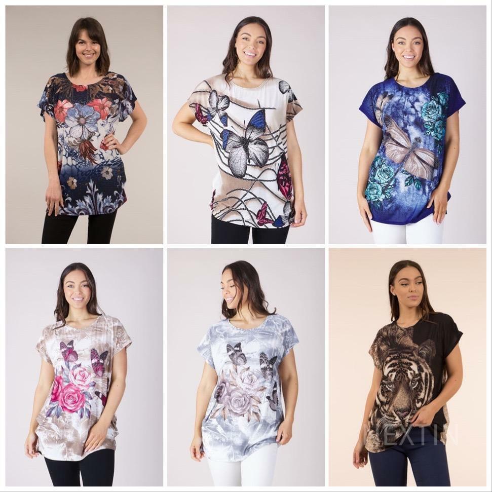 Caroline Morgan Women Casual Summer Floral Dragonfly Tiger Loose Tops Plus Size