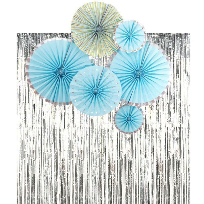 Blue Paper Fans Silver Foil Fringe Curtain Birthday Party Decorations Set Bridal