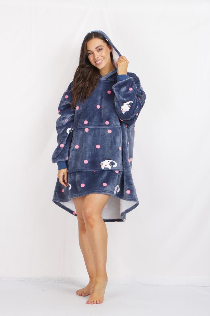 Hooded Blanket Soft Cozy Warm Fleece Wearable Oversize Blanket Hoodie Indigo Cat