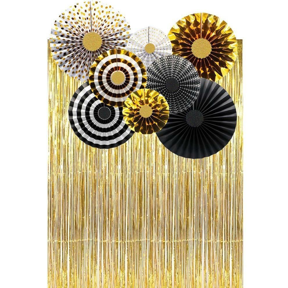 Black Gold Paper Fans & Foil Fringe Curtain Party Decorations Birthday Bridal
