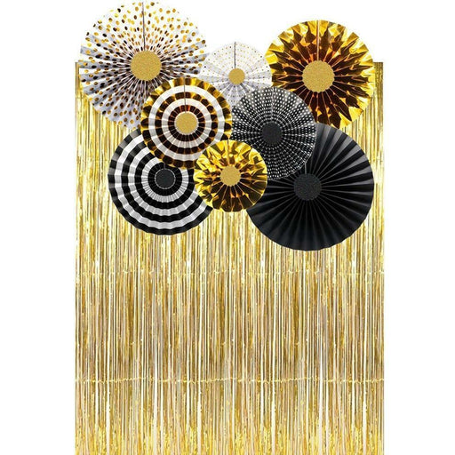 Black Gold Paper Fans & Foil Fringe Curtain Party Decorations Birthday Bridal