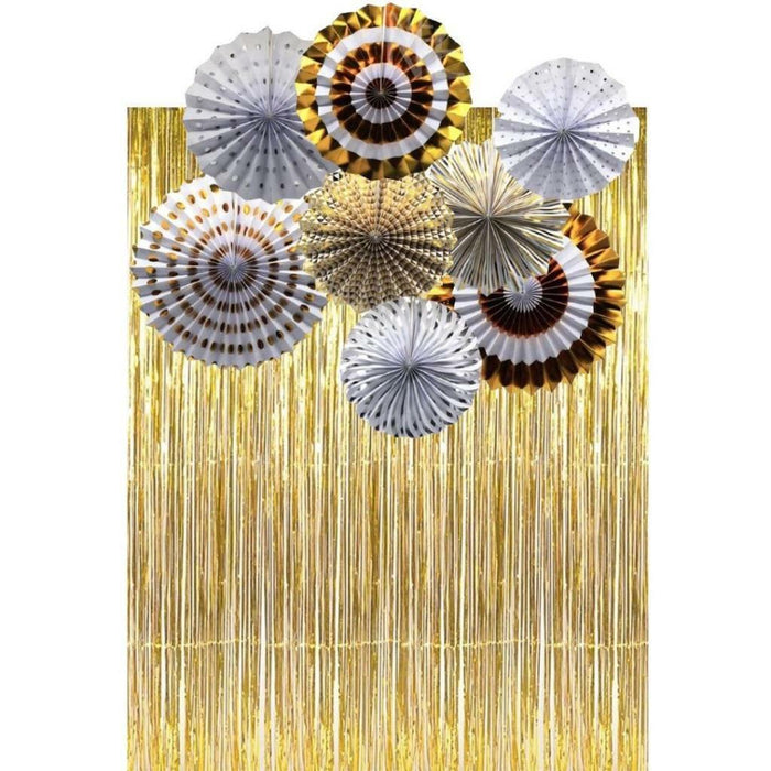 Gold Paper Fans & Foil Fringe Curtain Party Decorations Birthday Bridal Shower