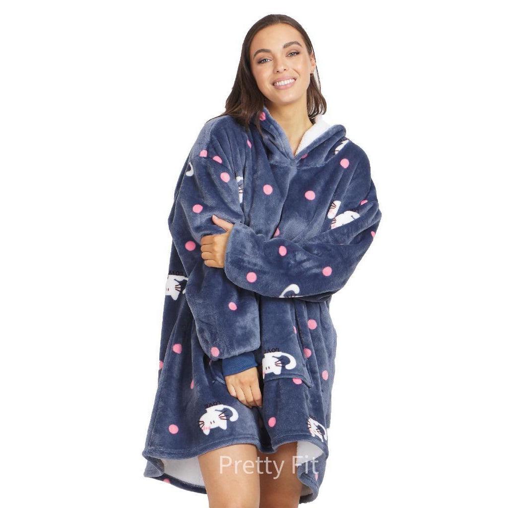 Hooded Blanket Soft Cozy Warm Fleece Wearable Oversize Blanket Hoodie Indigo Cat