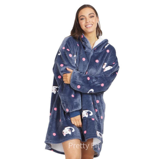 Hooded Blanket Soft Cozy Warm Fleece Wearable Oversize Blanket Hoodie Indigo Cat