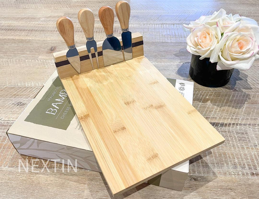 Bamboo Cheese Board & Knife Set Wooden Serving Cutting Boards & Cheese Knives