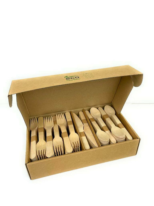 Wooden Cutlery Set Disposable Bamboo Wood Bulk Buy Forks Spoons Knives 360PC