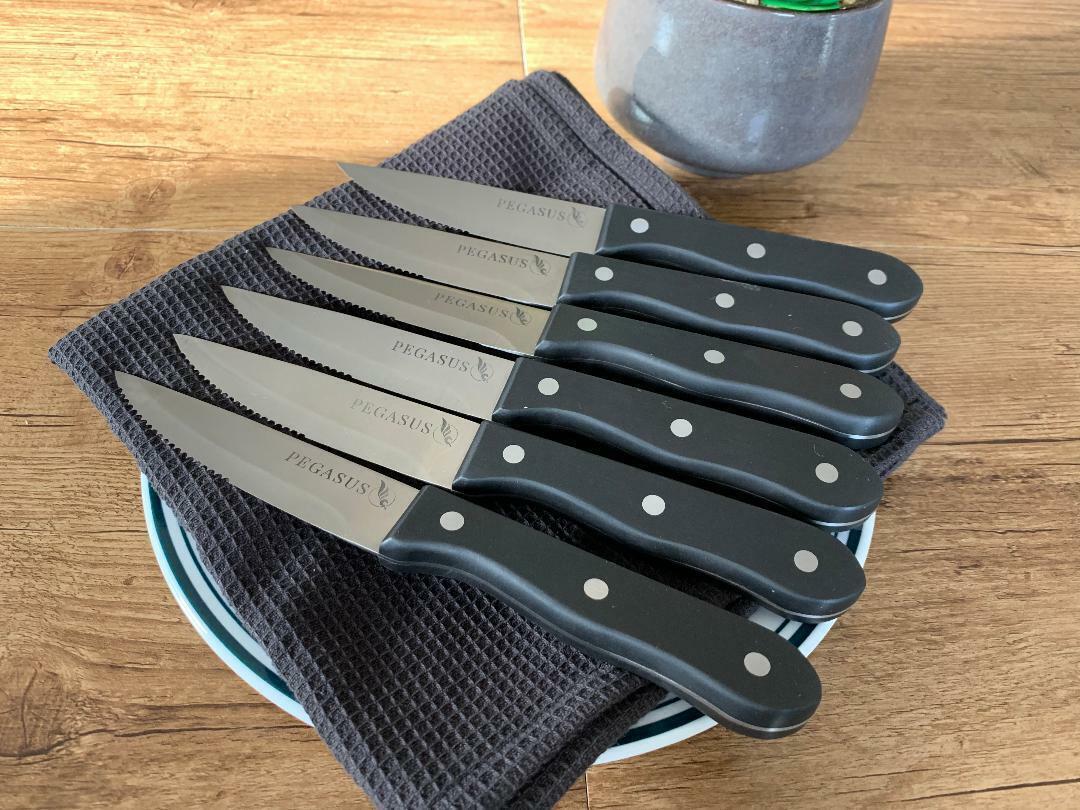 Steak Knife Set Pegasus Deluxe Stainless Steel Blade 6pcs Jumbo Knives Gift Box