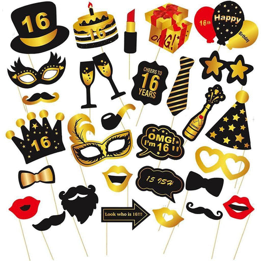 16th Birthday Photo Booth Props Funny Party Supplies Decorations 30pc Gold Black