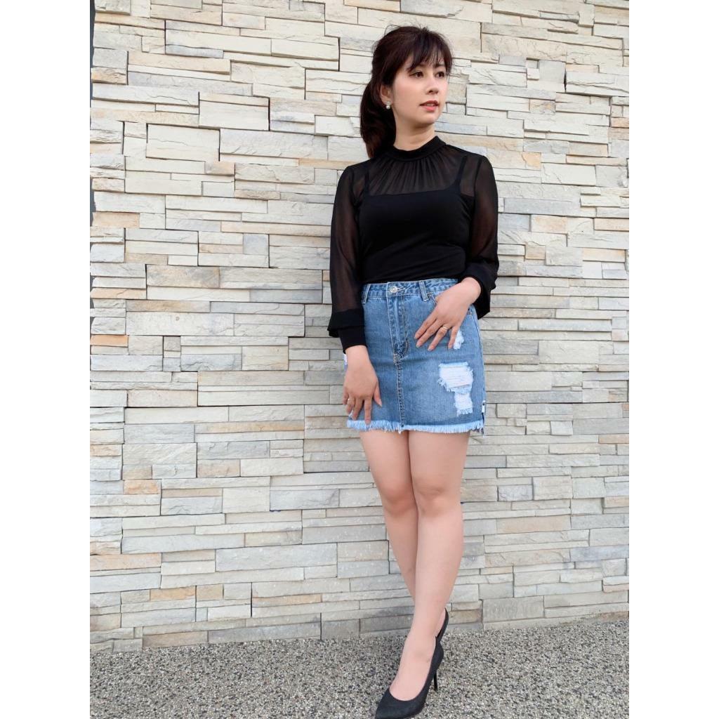 Wakee Short Denim Skirt Blue Jeans Ripped Pencil Mini Stretchy Casual Beach