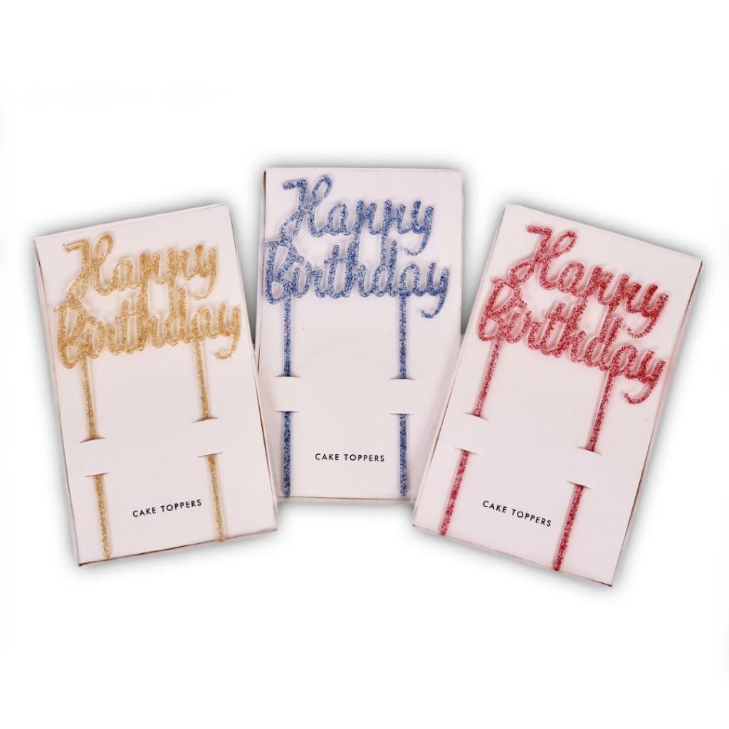 Happy Birthday Cake Topper Party Decorations Pink Blue & Gold Glitter 18.5 cm