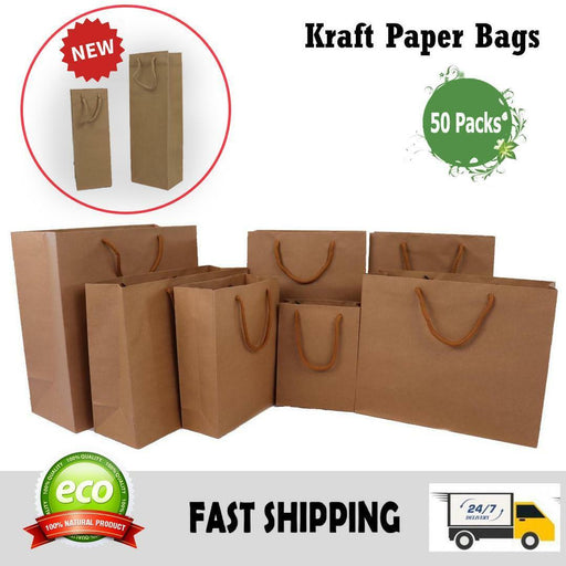 Kraft Paper Bags 50 x Bulk, Gift Shopping Carry Craft Brown Bag with Handles