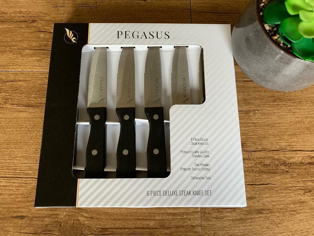 Steak Knife Set Pegasus Deluxe Stainless Steel Blade 6pcs Jumbo Knives Gift Box