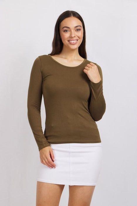 Caroline Morgan Long Sleeve Top Scoop Neck T-Shirts Basic Tee Tops Plain Colour