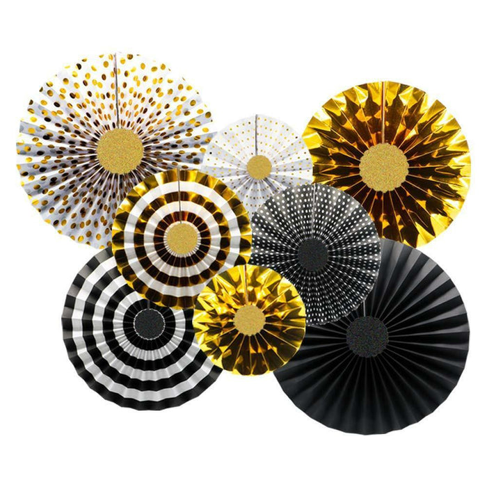 Black Gold Paper Fans & Foil Fringe Curtain Party Decorations Birthday Bridal