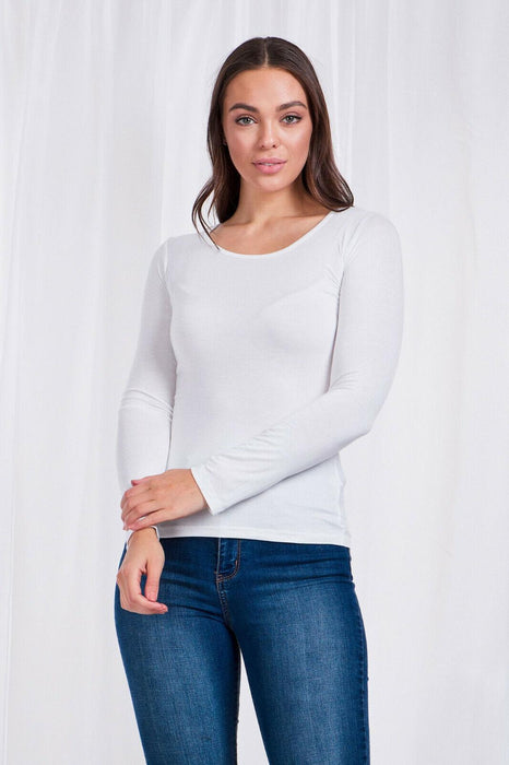 Caroline Morgan Long Sleeve Top Scoop Neck T-Shirts Basic Tee Tops Plain Colour