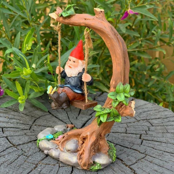 Garden Gnomes Statue Gnome on Tree Swing Fairy Garden Décor Figurine Ornaments