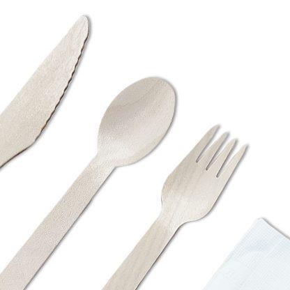 Disposable Wooden Cutlery & Napkin Set Bamboo Wood Fork Spoon Knife Bulk Buy