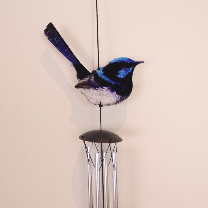 Bird Wind Chimes Blue Wren Winchime 4 Tube Outdoor Decor Hanging Garden Ornament