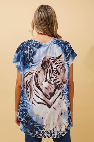 Caroline Morgan Women Casual Summer Top Tiger Print Loose Tops Plus Size Blue