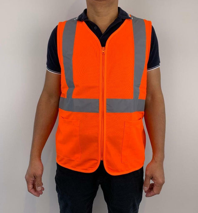 Hi Vis Reflective Safety Vest Workwear with Zipper & Pocket Day & Night Orange