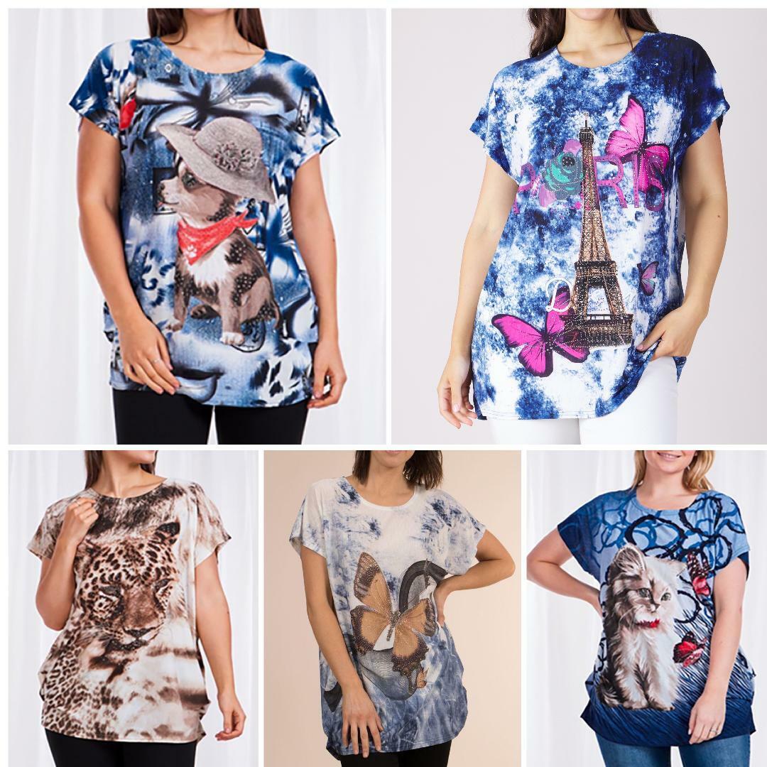 Caroline Morgan Women Casual Loose Tops Summer Floral Tiger Cat Dog Animals Top
