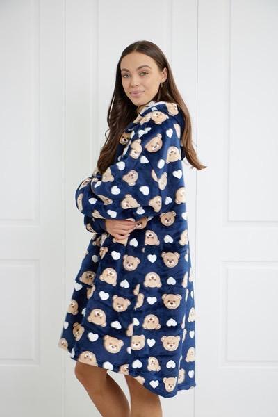 Hooded Blanket Soft Cozy Warm Fleece Wearable Oversize Blanket Hoodie Navy Bear