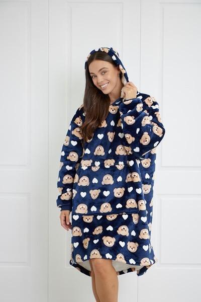 Hooded Blanket Soft Cozy Warm Fleece Wearable Oversize Blanket Hoodie Navy Bear