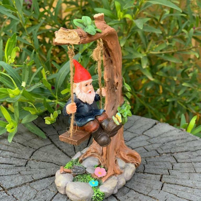 Garden Gnomes Statue Gnome on Tree Swing Fairy Garden Décor Figurine Ornaments