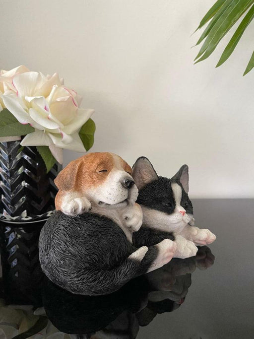 Cute Sleeping Cat & Dog Snuggling Besties Figurine Home Decor Ornament Statue