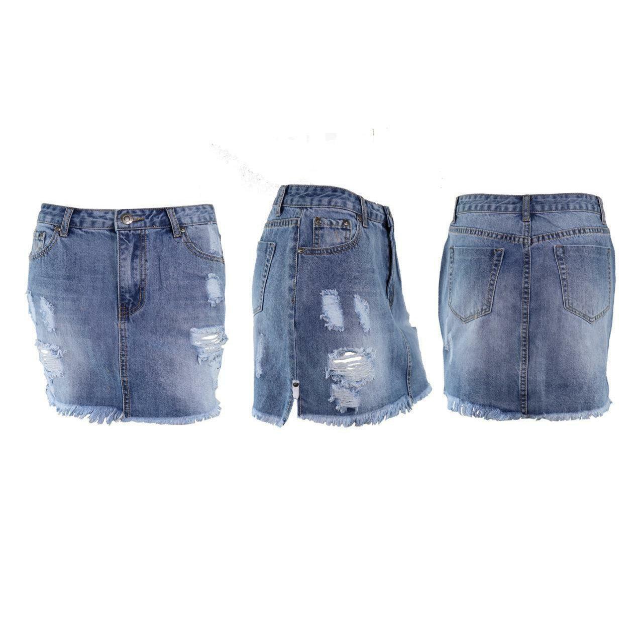 Wakee Short Denim Skirt Blue Jeans Ripped Pencil Mini Stretchy Casual Beach