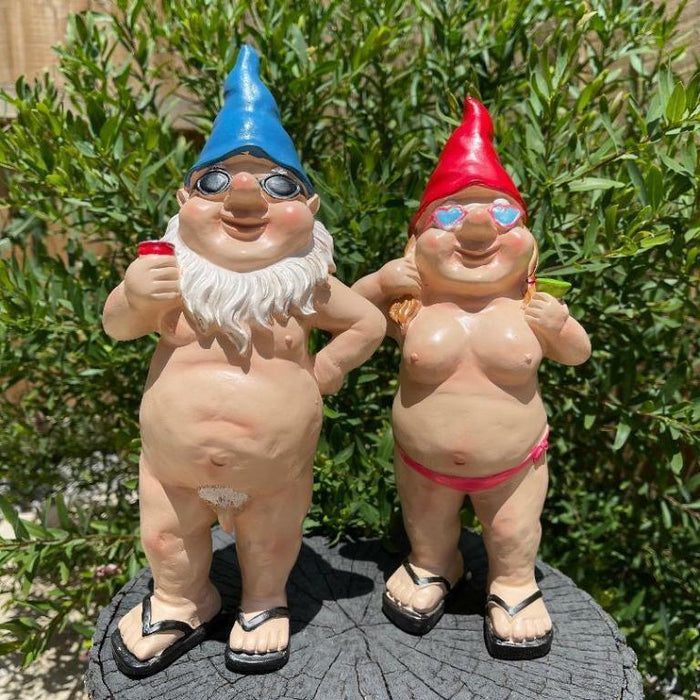 Garden Gnomes Naked Nude Gnome Drinking Naughty Garden Ornament Statue 2 x 29cm