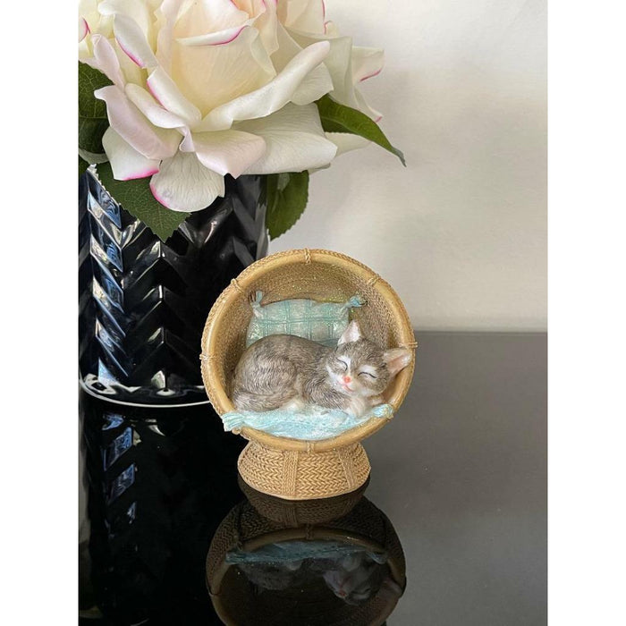 Cute Sleeping Cat Figurine in Chair Basket Home Decor Sculpture Ornament Statue