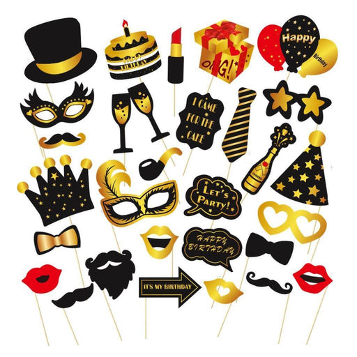 Happy Birthday Photo Booth Props Funny Party Supplies Decoration 30pc Gold Black