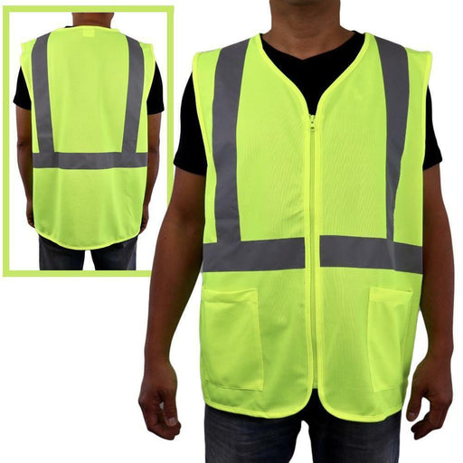 Hi Vis Reflective Safety Vest with Zipper & Pocket Day Night Workwear Yellow