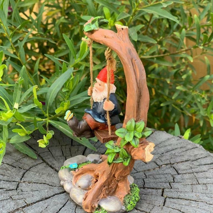 Garden Gnomes Statue Gnome on Tree Swing Fairy Garden Décor Figurine Ornaments