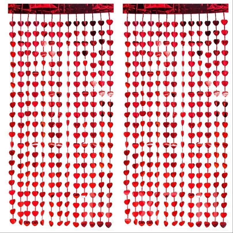 Red Heart Foil Fringe Curtain Backdrop Valentine's Day Bridal Party Decorations