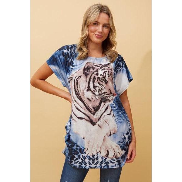 Caroline Morgan Women Casual Summer Top Tiger Print Loose Tops Plus Size Blue