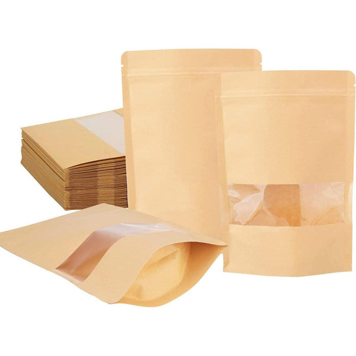 Zip Lock Stand Up Bags Paper Bag with Window Brown Kraft Pouch Food Storage 20cm